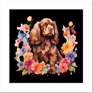 A sussex spaniel decorated with beautiful watercolor flowers Posters and Art